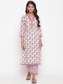 SAVI - White Cotton Ethnic Motif Printed Kurta With Pant (Set of 2)
