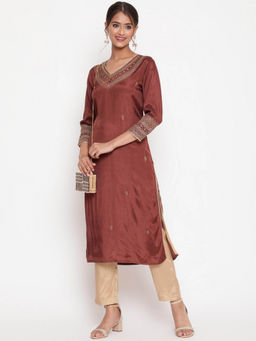 SAVI - Brown Embroidered Straight Kurta With Pant (Set of 2)