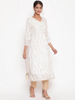 SAVI - Off White Embroidered Straight Kurta