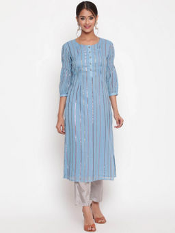SAVI - Powder Blue Cotton Lurex Straight Kurta