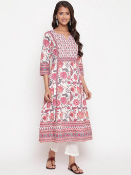 SAVI - Pink Cotton Floral Beads and Stones Flared Kurta