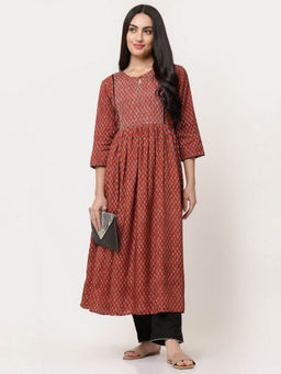 SAVI - Maroon Embellished Bagru Printed A-Line Kurta