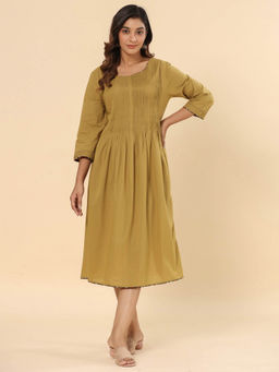 SAVI - Women Olive Green Cotton Pintuck Designer A-Line Midi Dress