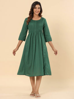 SAVI - Women Teal Green Cotton Pintuck Designer A-Line Midi Dress