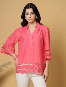 Gipsy - Coral Shirt Collar Cotton Schiffli Tunic Top