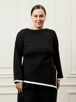 AAREIN - Women Black Asymmetrical White Detailed Top