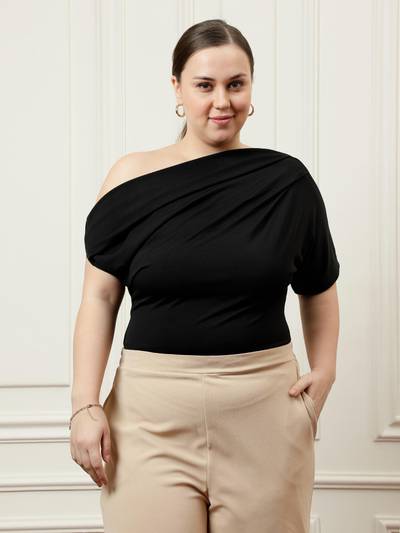 Women Black Solid One-Shoulder Top
