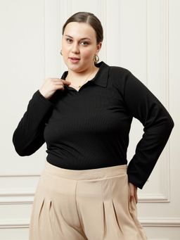 AAREIN - Women Black Collared Rib Top