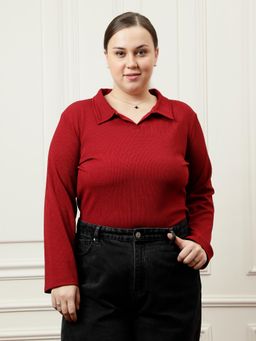 AAREIN - Women Maroon Collared Rib Top