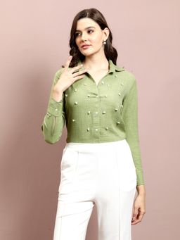 AAREIN - Women Green Pearls Embellished Shirt