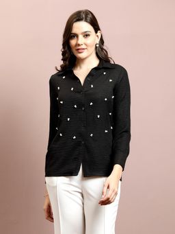 AAREIN - Women Black Pearls Embellished Shirt