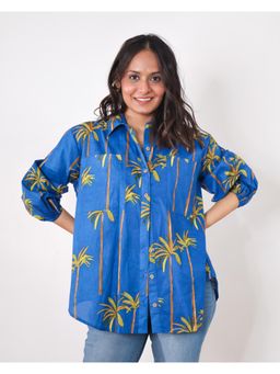 Sivaka India - Blue Puff Sleeve Collared Cotton Shirt