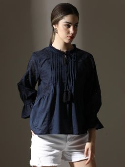 Zolo Label - Navy Blue Embroidered Cotton with Pintucks and Tassel Tie Top