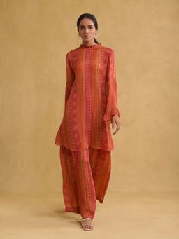 Ritu Kumar - Pink & Orange Floral Chinon Ensemble Kurta with Palazzo (Set of 2)