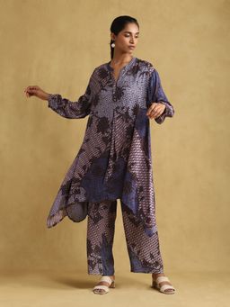 Ritu Kumar - Blue Micro Print Asymmetric Kurta with Palazzo (Set of 2)
