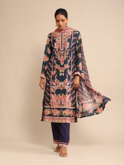 Ritu Kumar - Navy Floral Print Chanderi Kurta with Palazzo and Dupatta (Set of 3)