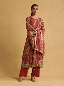 Ritu Kumar - Red Botanical Print Chanderi Kurta with Palazzo and Dupatta (Set of 3)