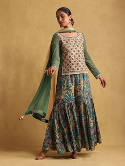 Ritu Kumar - Green Embroidered Cotton Kurta with Sharara and Dupatta (Set of 3)