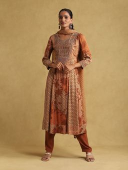 Ritu Kumar - Rust Micro Print Embroidered Kurta with Pant and Dupatta (Set of 3)