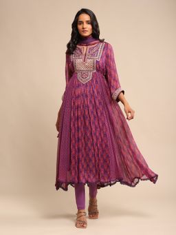 Ritu Kumar - Purple Embroidered Kurta with Legging and Dupatta (Set of 3)