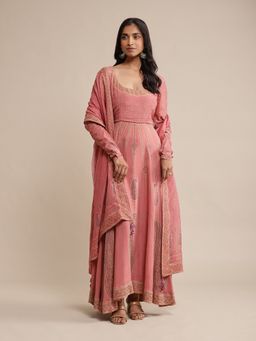 Ritu Kumar - Pink Printed Crepe Anarkali Kurta with Leggings and Dupatta (Set of 3)