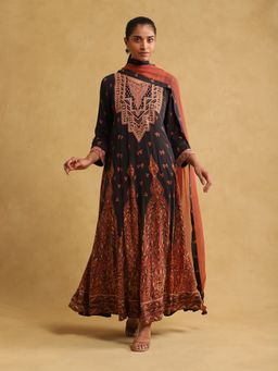 Ritu Kumar - Black Printed Crepe Anarkali with Leggings and Dupatta (Set of 3)