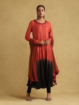 Ritu Kumar - Rust Ombre Viscose Silk Kurta with Legging and Dupatta (Set of 3)