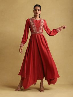 Ritu Kumar - Red Embroidered Viscose Linen Dress