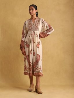 Ritu Kumar - Cream Printed Crepe Dress with Inner (Set of 2)