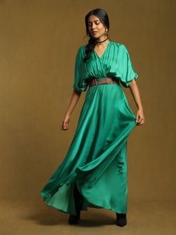 Ritu Kumar - Green Kaftan Long Dress with Embroidered Belt (Set of 2)