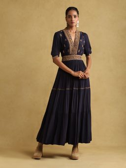 Ritu Kumar - Navy Blue Embroidered Viscose Silk Dress