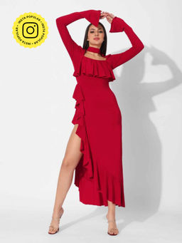 APPAPOP - Charry Side Through Ruffle Dress