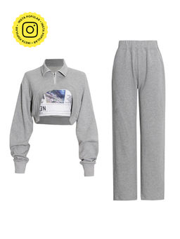 APPAPOP - Grey Uptown Chic Separates Crop Top with Pant and Hoodie (Set of 3)