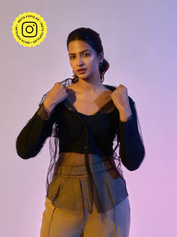 APPAPOP - Glamour Front Through Black Crop Top with Outer Shirt (Set of 2)