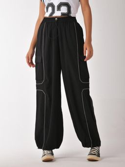 IZF - Black Cargo Air Parachute Pants With Contrast Piping For Womens