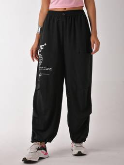 IZF - Black Air Para Pants With Placement Print For Womens