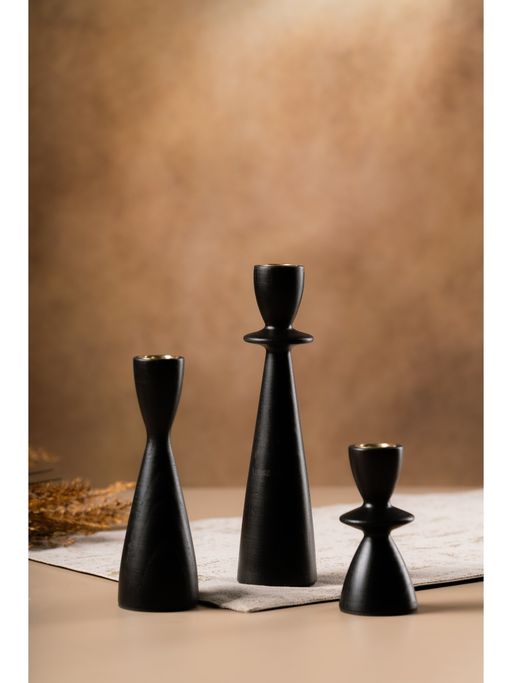 SG Home Forest Fusion Wooden Black Candle Holder (Pack Of 3)
