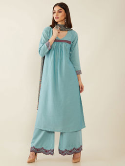 Soch - Blue Machine Embroidery Silk Unstitched Dress Material - 3 Meter Kurta Fabric