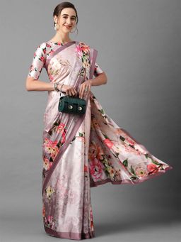 Odette - Mauve Festive Satin Silk Printed Saree with Unstitched Blouse