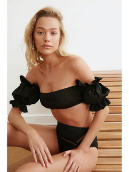 Trendyol - Black Bardot Puff Sleeve Bikini Top