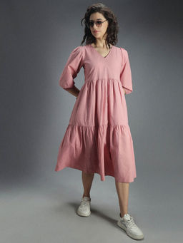 High Star - V-Neck Puff Sleeve Gathered Tiered Cotton A-Line Midi Dress