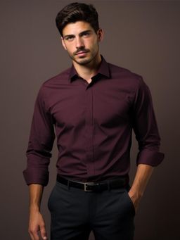 HE SPOKE - Burgundy Formal Concealed Placket 2 Way Stretch Shirt