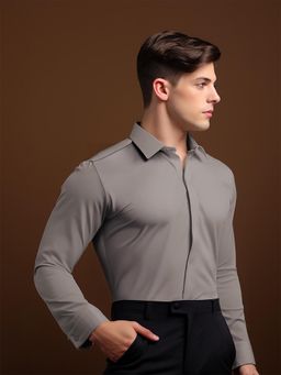 HE SPOKE - Grey Formal Concealed Placket 2 Way Stretch Shirt