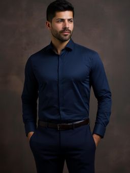 HE SPOKE - Navy Formal Concealed Placket 2 Way Stretch Shirt