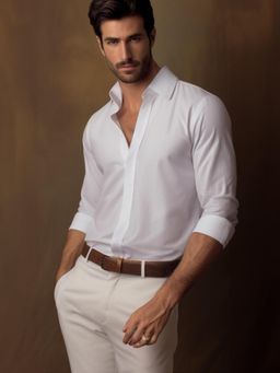 HE SPOKE - White Formal Concealed Placket 2 Way Stretch Shirt