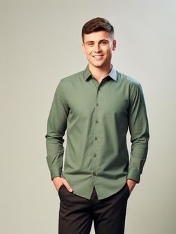 HE SPOKE - Green Casual Tailored Fit Cotton Shirt