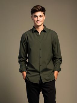 HE SPOKE - Olive Casual Tailored Fit Cotton Shirt