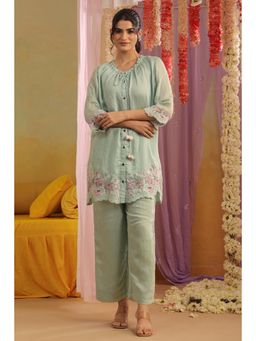 Scakhi - Pistagreen Mul Chanderi Embroidered Co-Ord Set