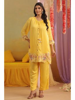Scakhi - Yellow Mul Chanderi Embroidered Co-Ord Set