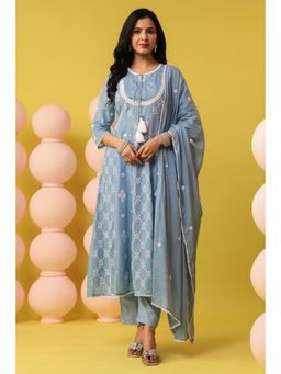 Scakhi - Powder Blue Mulmul Embroidered Anarkali Kurta with Pant and Dupatta